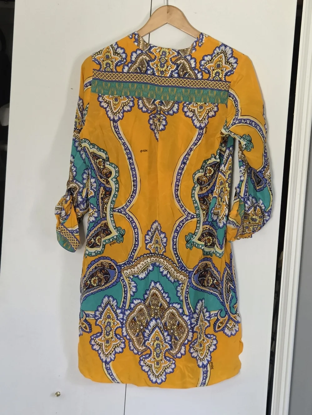 Hale Bob Silk Bright Yellow Paisley Tunic Dress with Teal & Purple Print - Picture 3 of 6